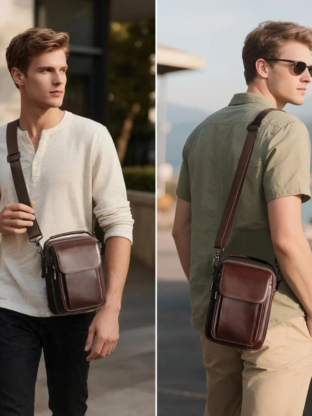 Men's Coffee Leather Shoulder Sling Travel Crossbody Stylish Magnetic Buckle Bag